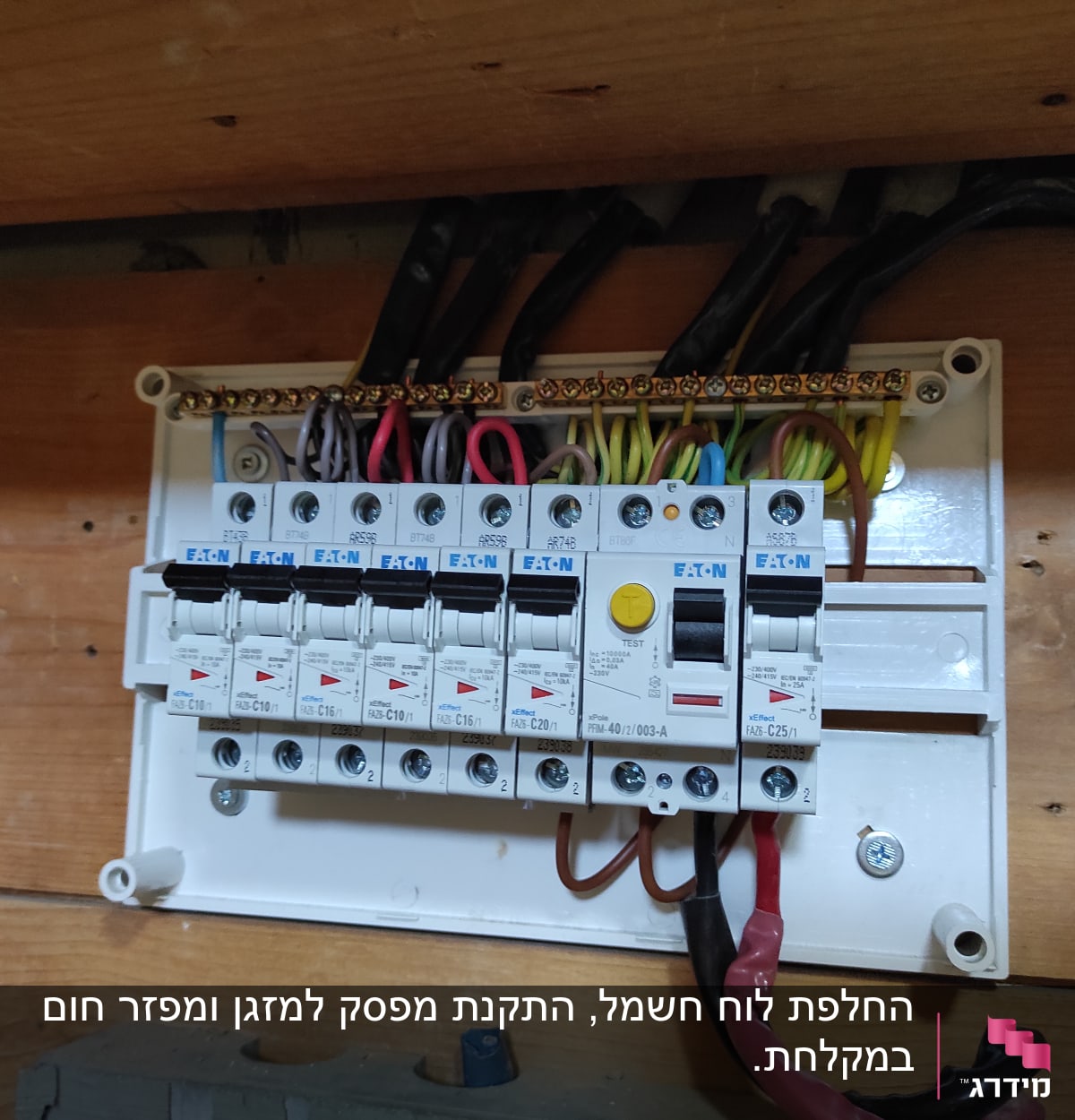 לוח חשמל עם מפסקים וחוטי חשמל צבעוניים